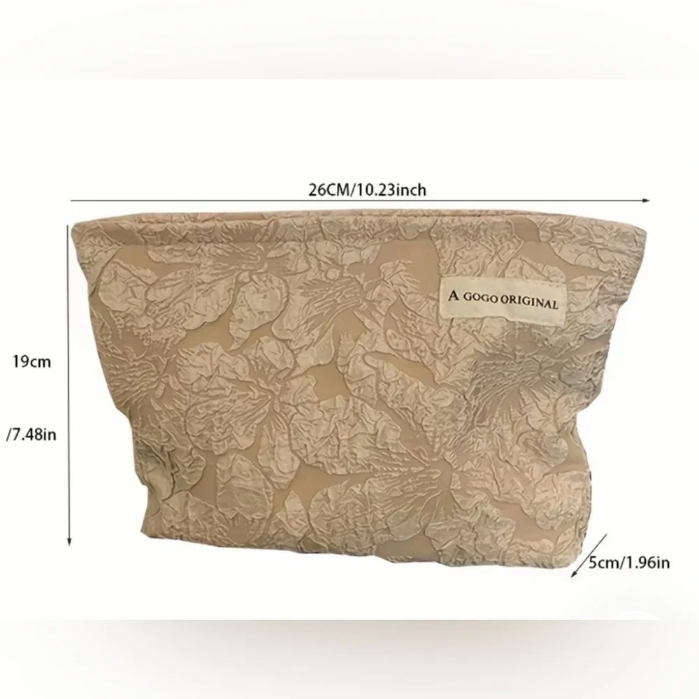 Textured Floral Print Makeup Bag Embossed, Jacquard-Style Floral Pattern Taupe - Picture 6 of 8